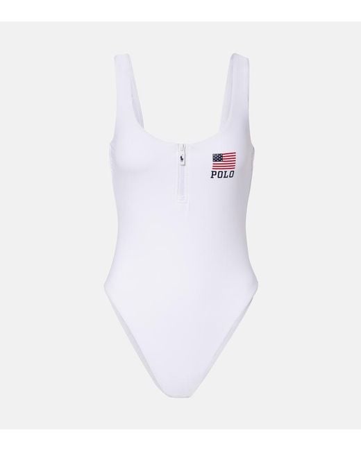 Polo Ralph Lauren White Zipper Scoop Tank Logo Swimsuit