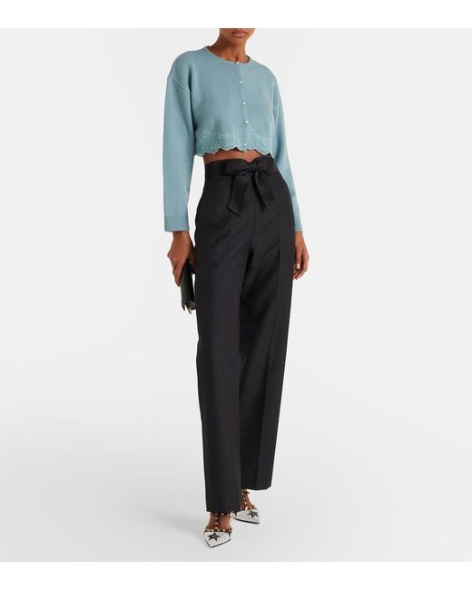 Valentino Blue Lace-Trimmed Cropped Virgin Wool Cardigan