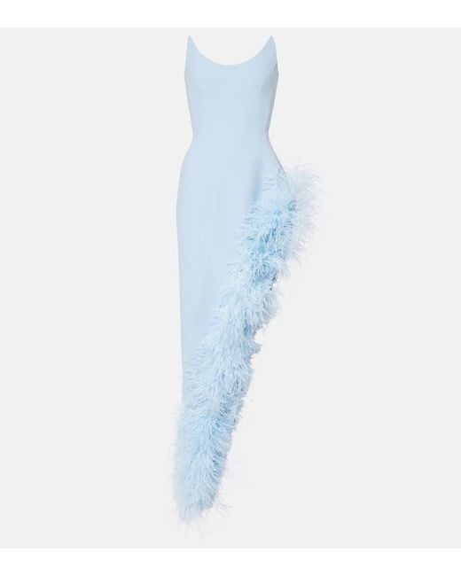 David Koma Blue Asymmetric Feather-Trimmed Cocktail Dress