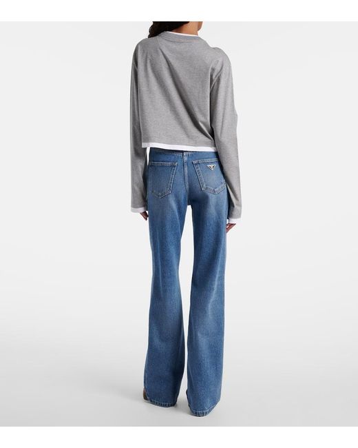 Prada Gray Langarm-T-Shirt Aus Baumwoll-Jersey