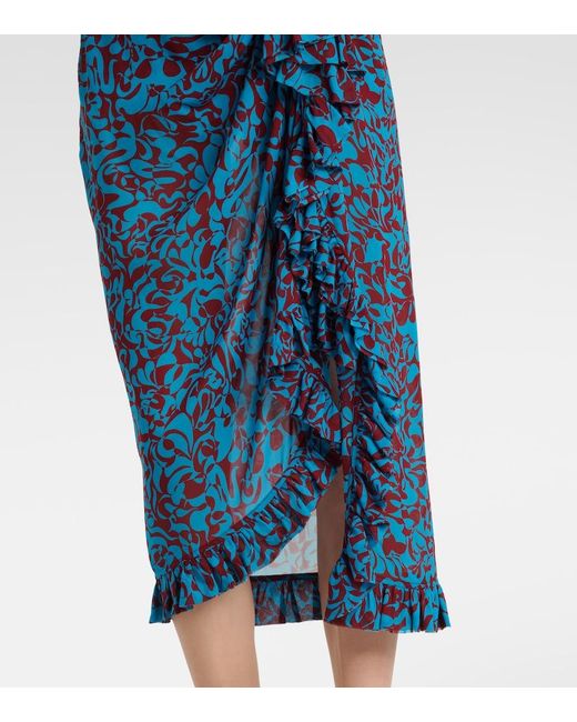 Dries Van Noten Blue Printed Draped Ruffled Midi Skirt