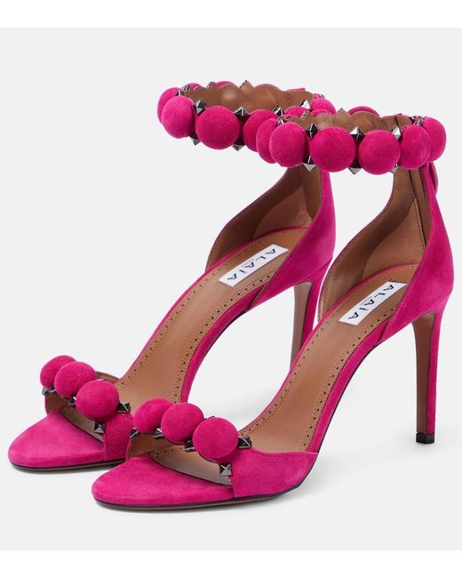 Alaïa Pink Bombe Stud Suede Ankle-Wrap High-Heel Sandals