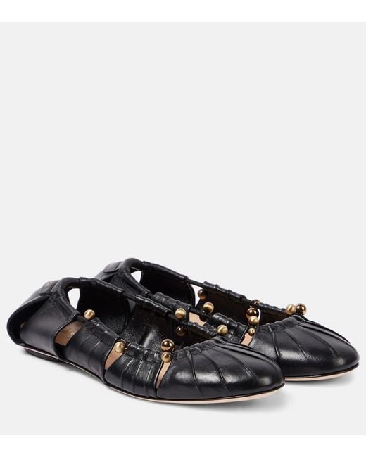 Chloé Black Luna Cut-Out Embellished Gathered Leather Ballet Flats
