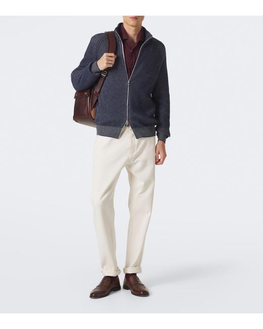 Brunello Cucinelli Blue Ribbed-Knit Zip-Up Cashmere Sweater for men