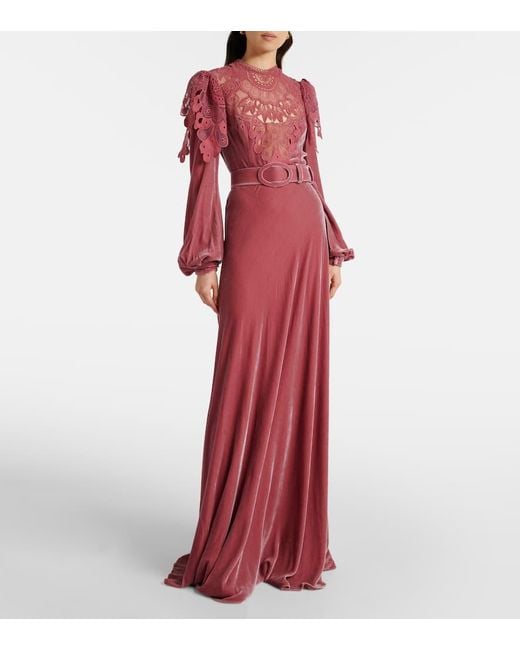 Costarellos Red Ashley Lace-Trimmed Velvet Gown