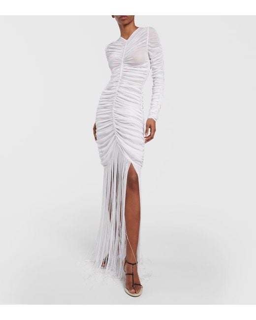 Khaite White Guisa Fringed Shirred Silk-Blend Gown