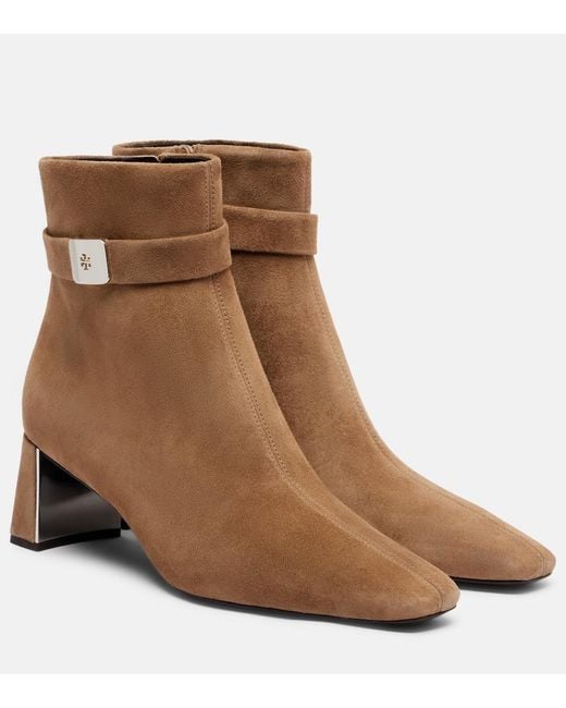 Tory Burch Brown Georgia T Monogram Suede Ankle Boots