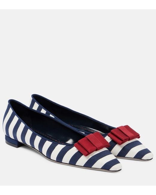 Manolo Blahnik Blue Reador Bow-Detail Striped Ballet Flats