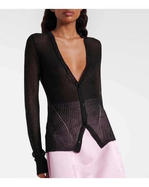 Blumarine Black Feather-Trimmed Ribbed-Knit Cardigan