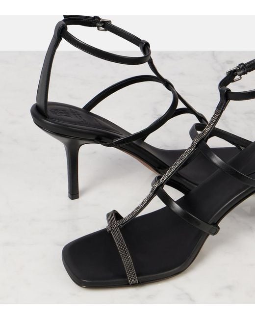 Brunello Cucinelli Black Leather Embellished Sandals 80