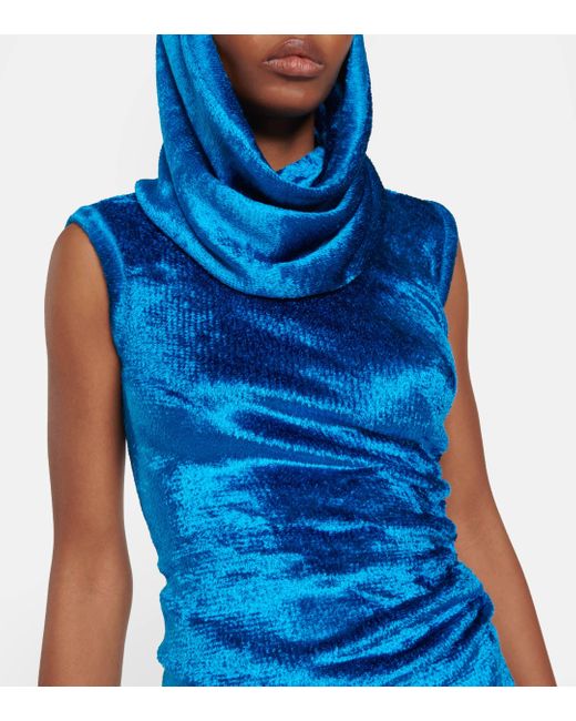 Alaïa Blue Hooded Velvet Minidress