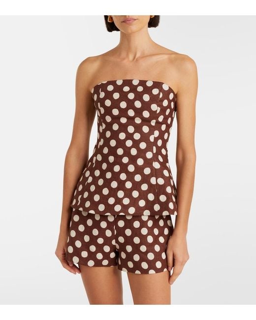 Faithfull The Brand Brown Petro Polka-Dot Strapless Linen Top