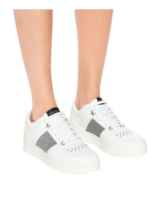 Jimmy Choo Hawaii/f Glitter-trimmed Leather Sneakers in White | Lyst