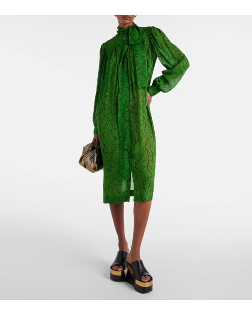 Dries Van Noten Green Printed Georgette Midi Dress