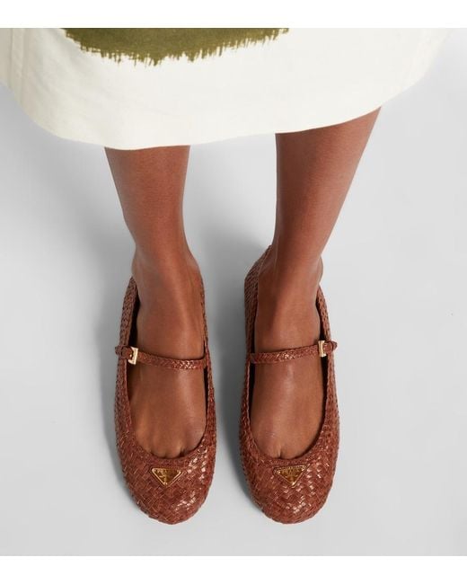 Prada Brown Woven Leather Mary Jane Flats