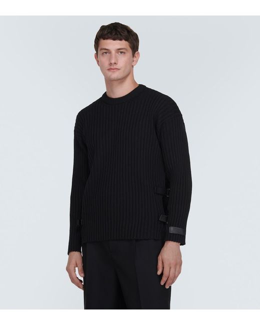Versace Black Leather-Trimmed Knit Wool Sweater for men