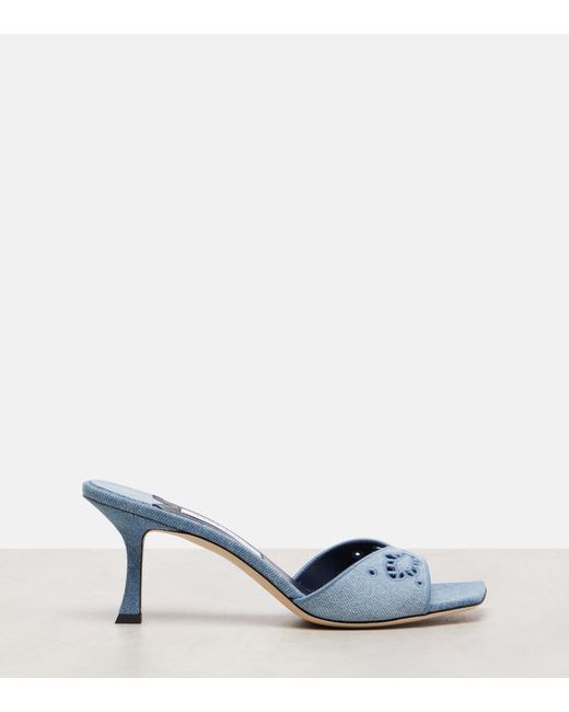 Jimmy Choo Blue Bestickte Pantoletten Skye 70 Aus Denim