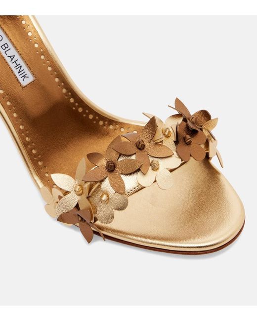 Manolo Blahnik Metallic Anista Floral-Applique Leather Sandals