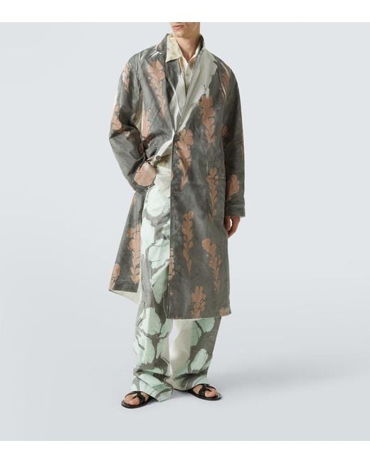 Dries Van Noten Gray Printed Double-Breasted Cotton Coat for men