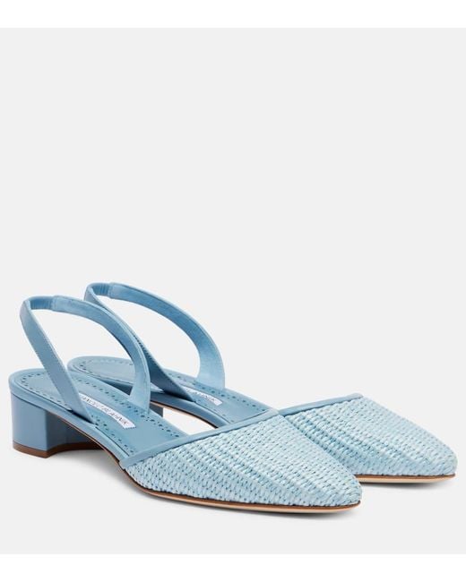 Manolo Blahnik Blue Raffro Raffia Slingback Pumps