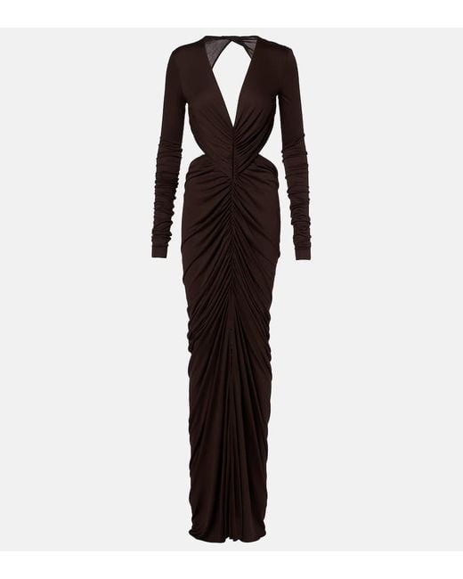 Rick Owens Brown Poppy Ls Ruched Open-Back Jersey Gown