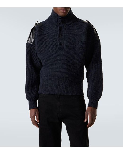 Burberry Blue Leather-Trimmed Wool-Blend Polo Sweater for men