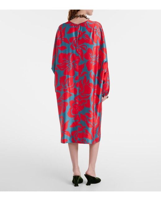 Dries Van Noten Red Floral Satin Midi Dress