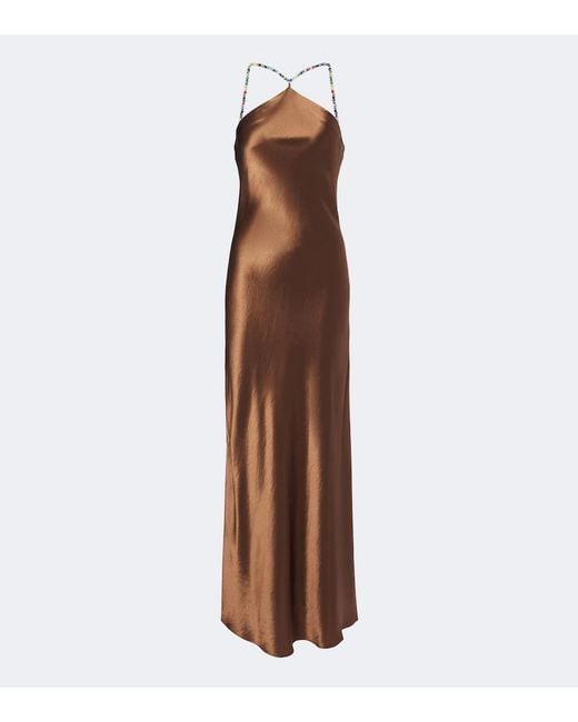 Staud Brown Cedence Beaded Satin Slip Dress