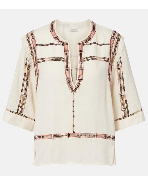 Isabel Marant Natural Fiosa Embroidered Fringed Silk Top