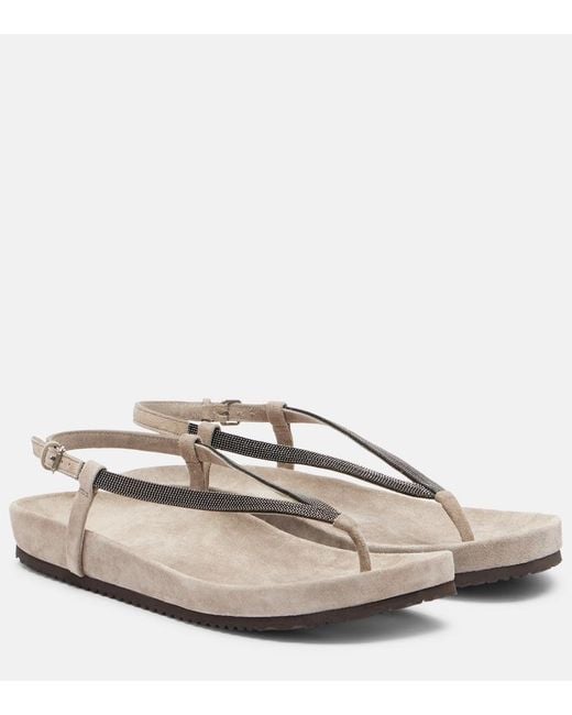 Brunello Cucinelli Gray Monili Suede Thong Sandals