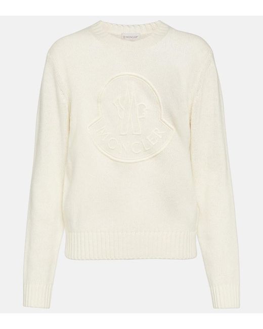 Moncler White Bestickter pullover aus kaschmir und wolle mit logo