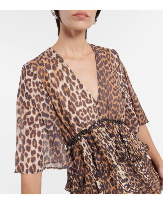 Ganni Brown Leopard-print Georgette Minidress
