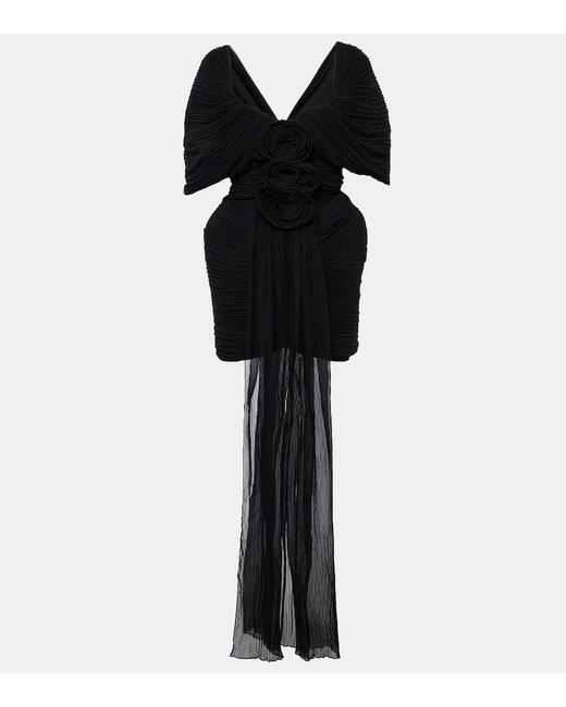Magda Butrym Black Floral-applique Off-shoulder Silk Minidress