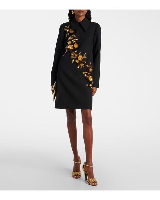 Carolina Herrera Black Embellished Wool-Blend Shift Dress