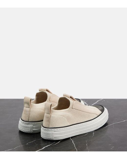 Brunello Cucinelli White Slip-Ons Monili Aus Canvas Mit Veloursleder