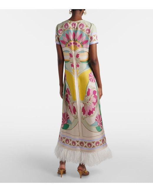 LaDoubleJ White Swing Feather-Trimmed Silk Twill Maxi Dress