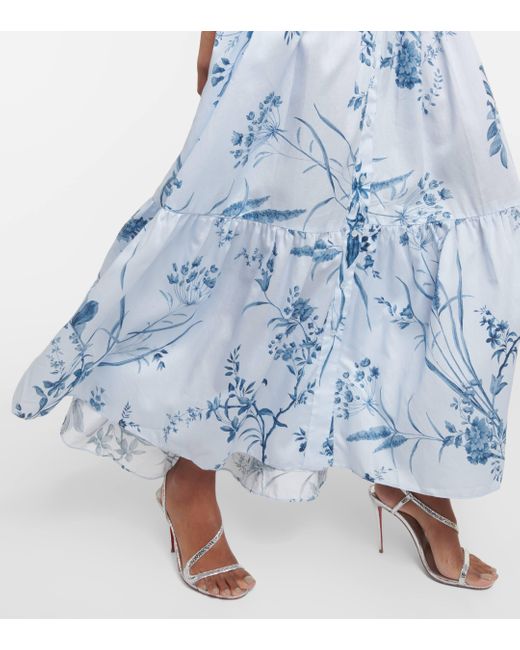 Erdem Blue Tiered Floral-print Cotton-voile Midi Shirt Dress