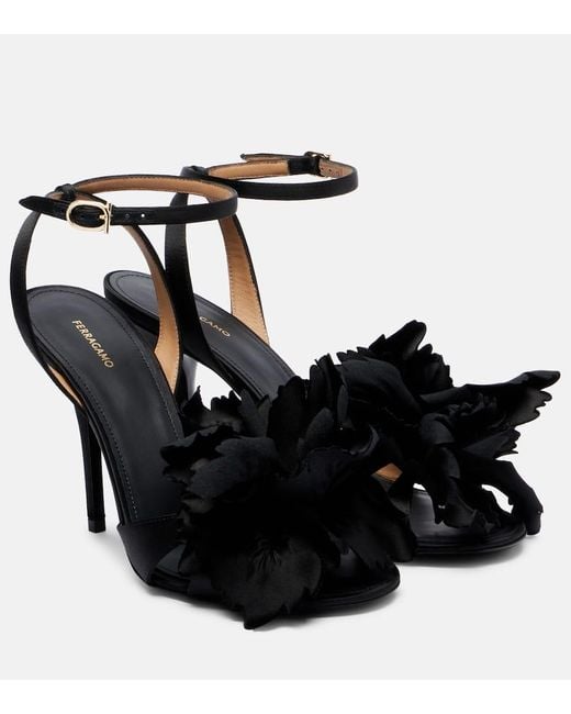 Ferragamo Black Ghilly 95 Floral-Applique Satin Sandals