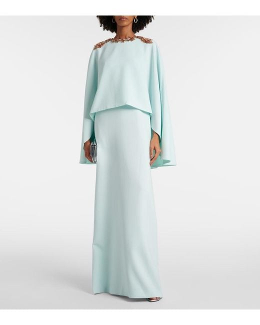 Costarellos Blue Elin Embellished Caped Crepe Gown