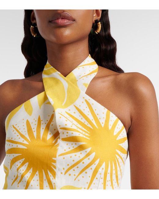 Cala De La Cruz Metallic Ivy Printed Halterneck Linen Crop Top