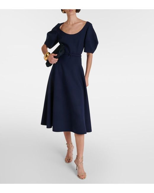 Oscar de la Renta Blue Puff-Sleeve Wool-Blend Midi Dress