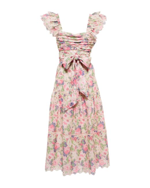 LoveShackFancy Pink Harlyn Floral Cotton Midi Dress