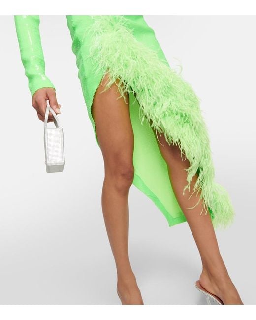David Koma Green Sequined Feather-Trimmed Midi Dress