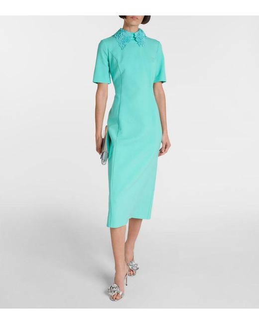 Oscar de la Renta Green Lace-Trimmed Wool-Blend Midi Dress