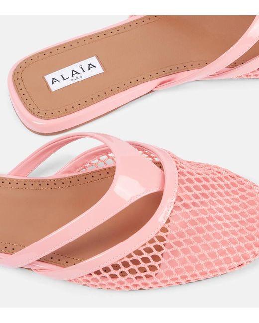 Alaïa Pink Patent Leather-Trimmed Fishnet Mules