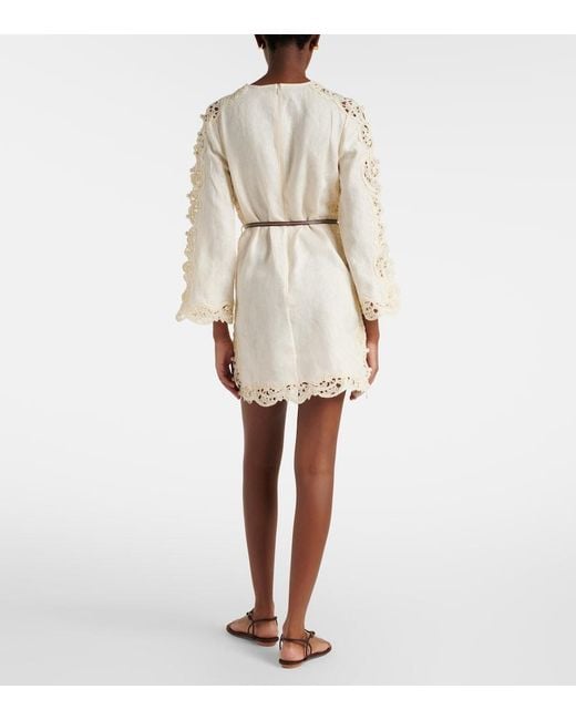 Zimmermann Natural Awaken Belted Embroidered Linen Minidress