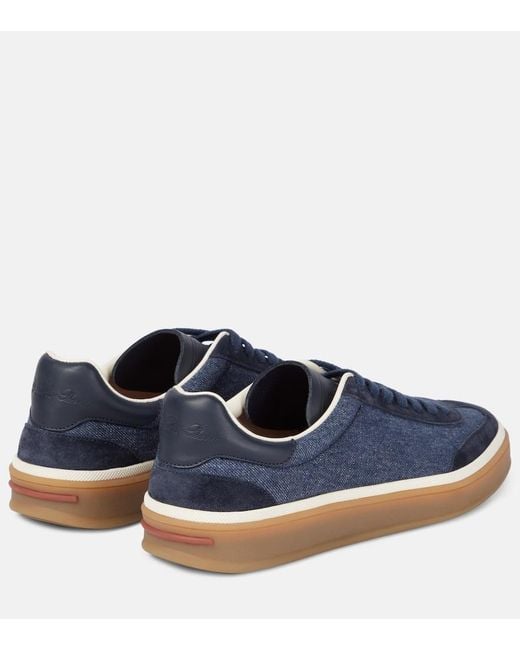 Loro Piana Blue Tennis Walk Suede-Trimmed Denim Sneakers