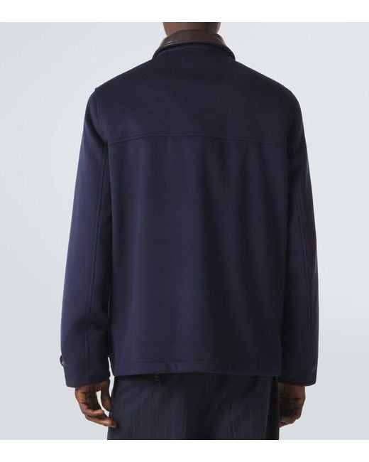 Brunello Cucinelli Blue Leather-Trimmed Wool Jacket for men