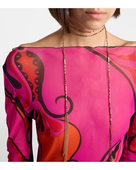 Emilio Pucci Pink Orchidee Print Tulle Long Dress