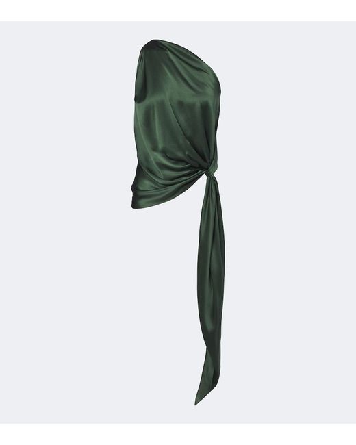 The Sei Green Draped One-Shoulder Silk Satin Top